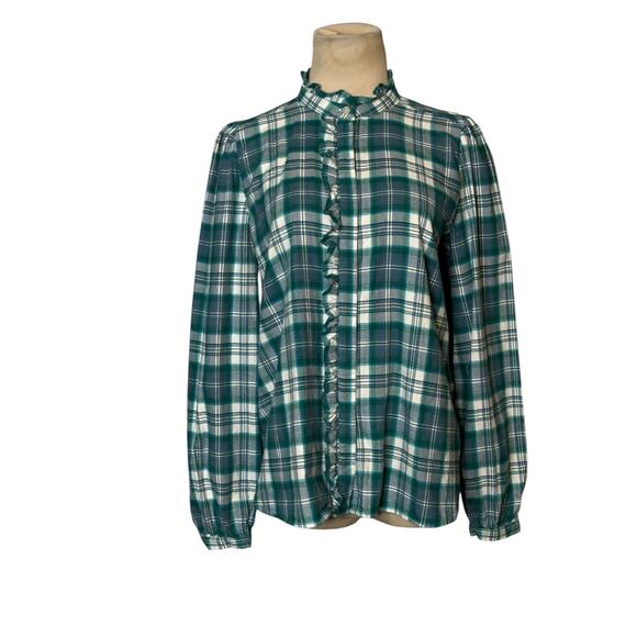 Loft green white plaid long sleeves ruffle button shirt size Small - Picture 11 of 16
